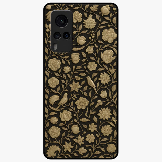 Golden Floral Majesty Glass Case showing flat back view with luxurious golden floral artwork and glossy glass finish.