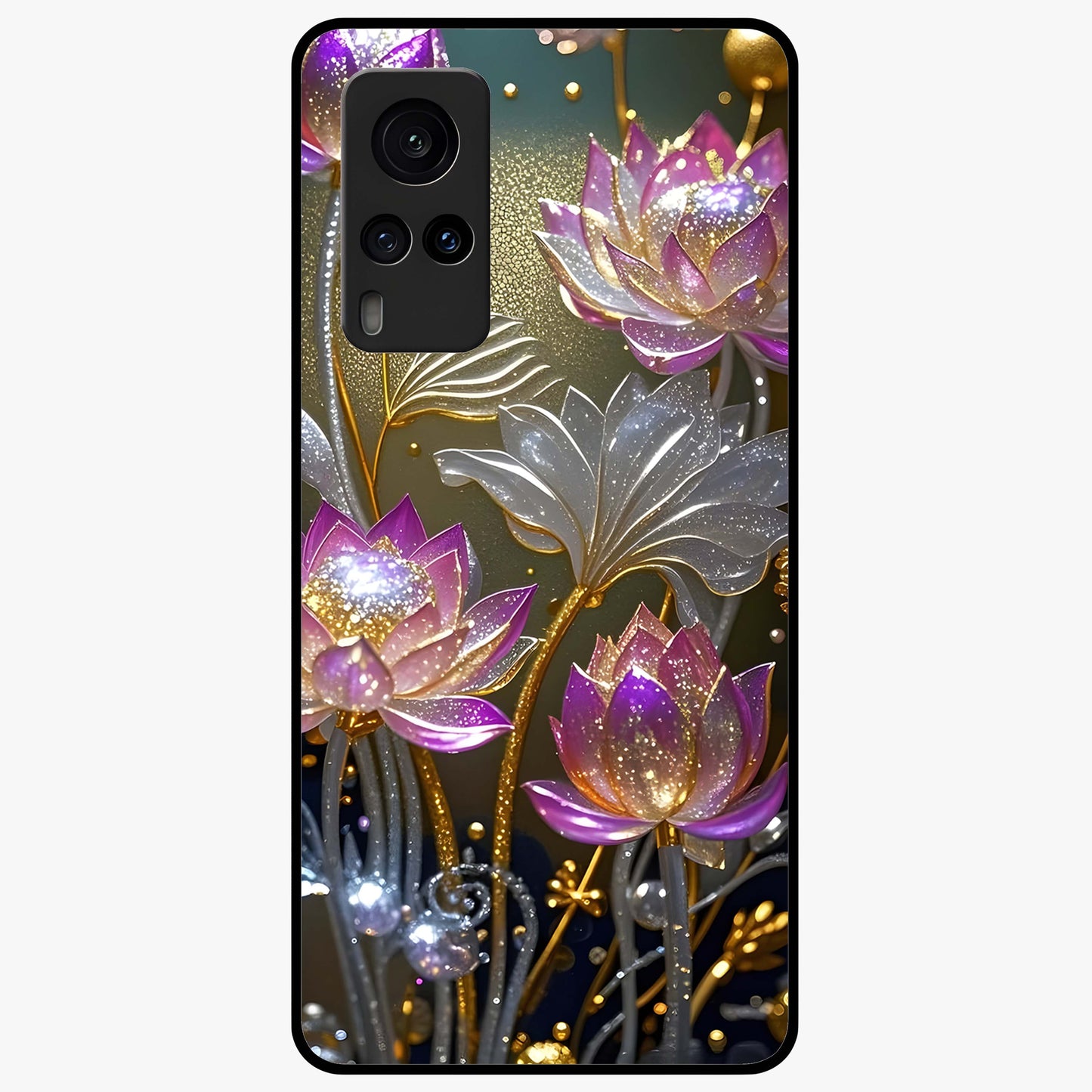Golden Lotus Glow Glass Case showing flat back view with glowing lotus flower artwork and glossy glass finish.
