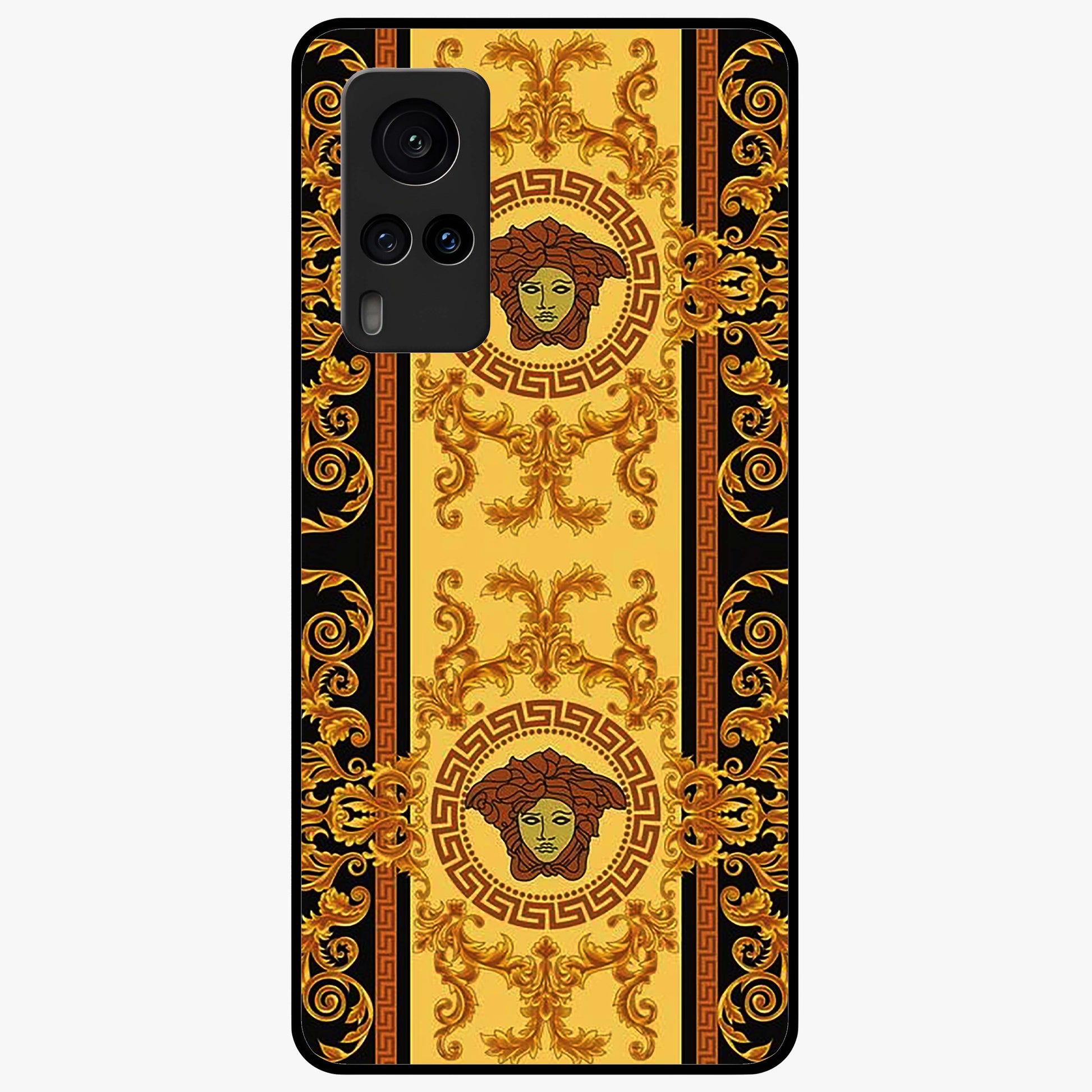 Golden Royal Heritage Glass Case showing flat back view with ornate royal pattern artwork and glossy glass finish.