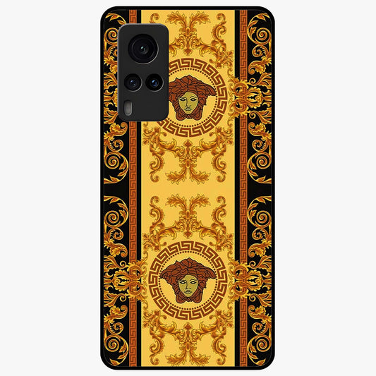 Golden Royal Heritage Glass Case showing flat back view with ornate royal pattern artwork and glossy glass finish.
