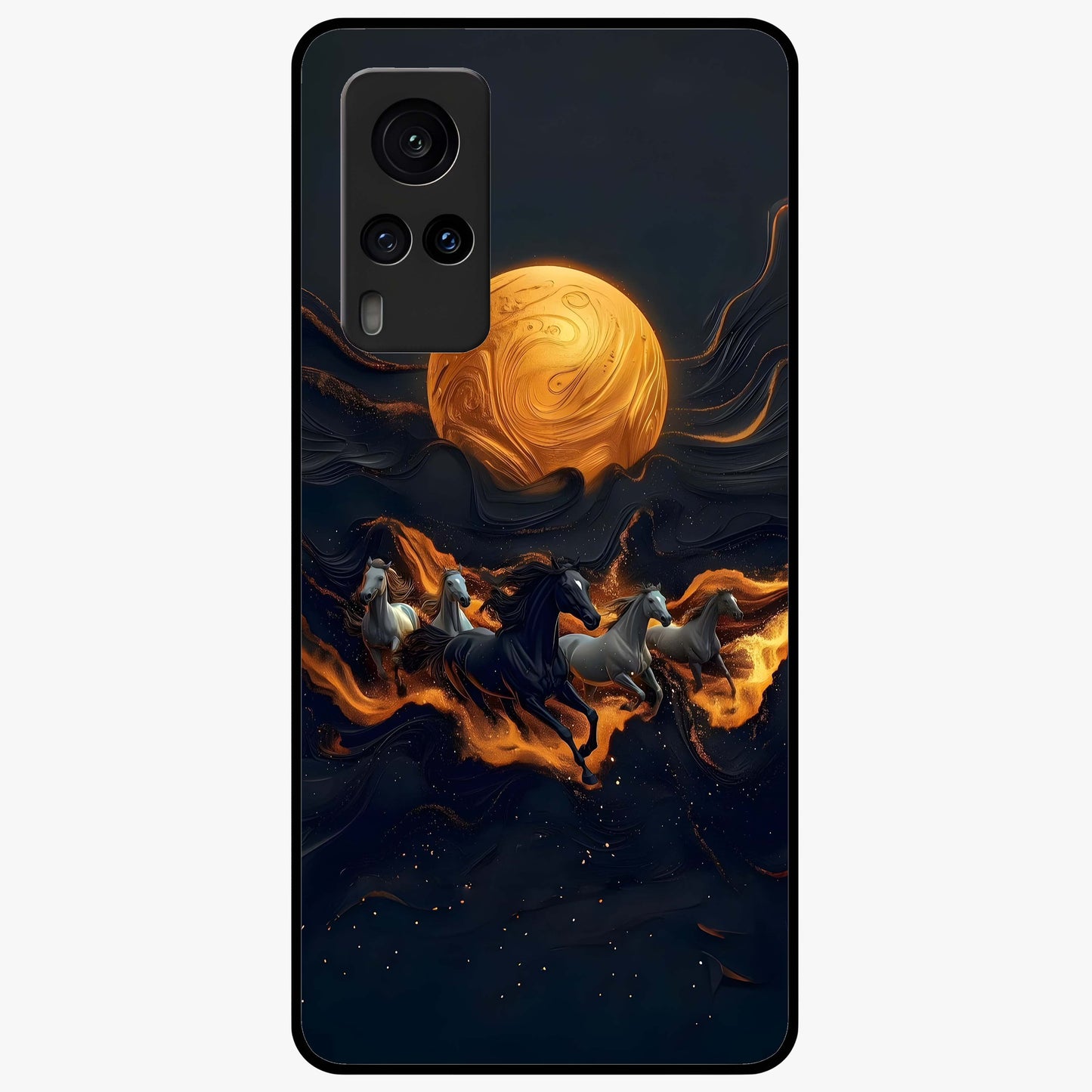 Golden Stallion Moonride Glass Case showing flat back view with majestic horse under moonlight artwork and glossy glass finish.