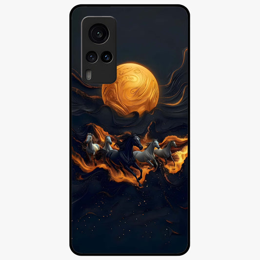 Golden Stallion Moonride Glass Case showing flat back view with majestic horse under moonlight artwork and glossy glass finish.