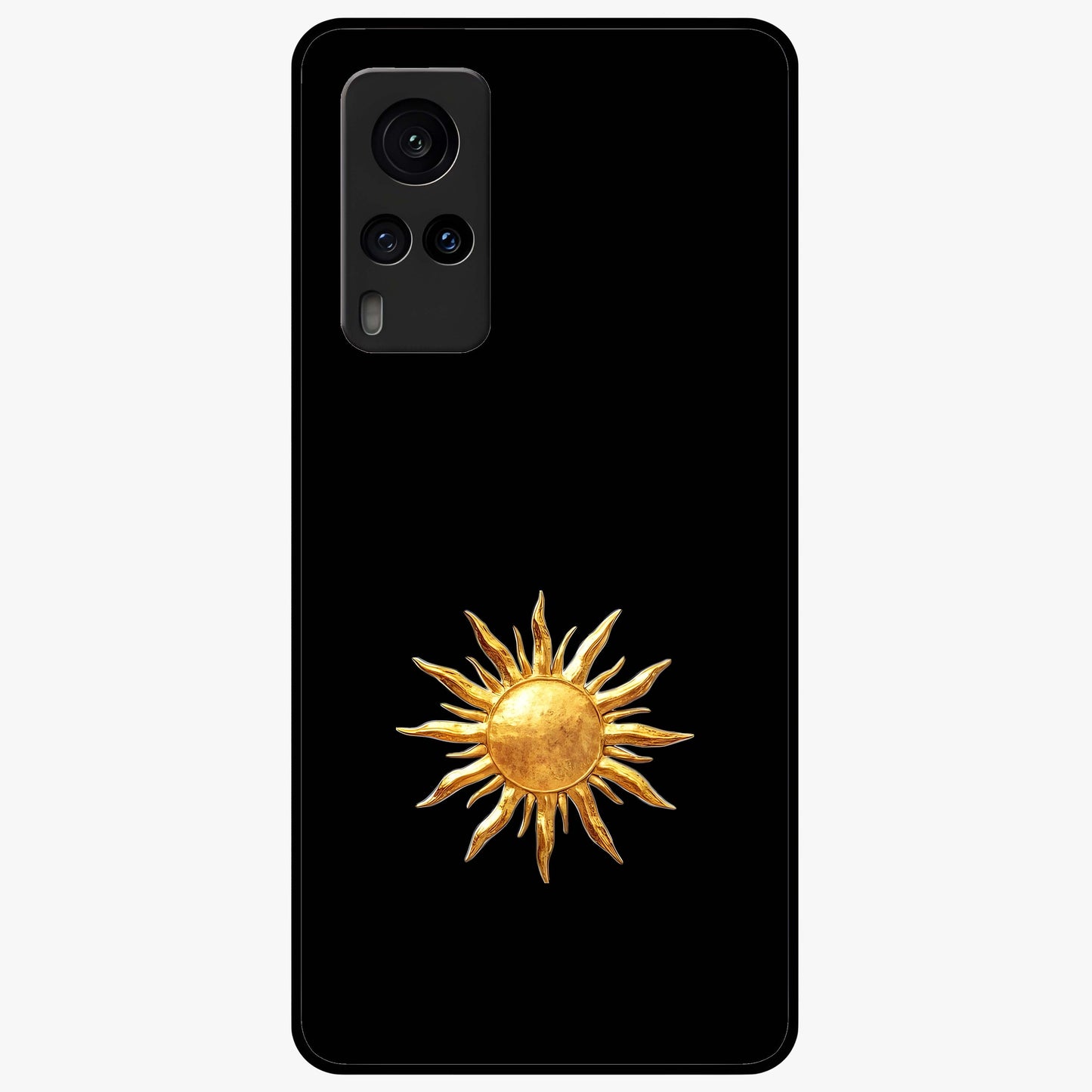Golden Sun Minimalism Glass Case showing flat back view with minimal golden sun artwork and glossy glass finish.