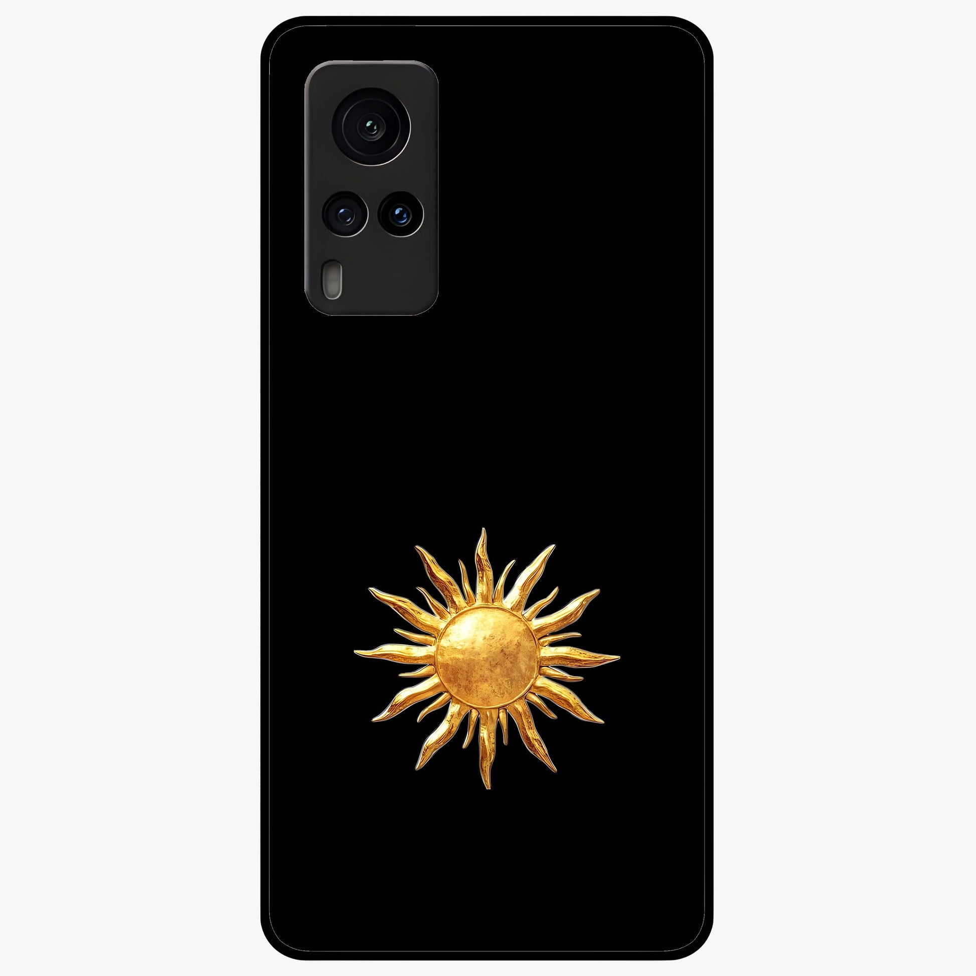 Golden Sun Minimalism Glass Case showing flat back view with minimal golden sun artwork and glossy glass finish.