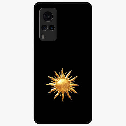Golden Sun Minimalism Glass Case showing flat back view with minimal golden sun artwork and glossy glass finish.