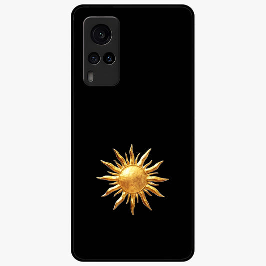 Golden Sun Minimalism Glass Case showing flat back view with minimal golden sun artwork and glossy glass finish.