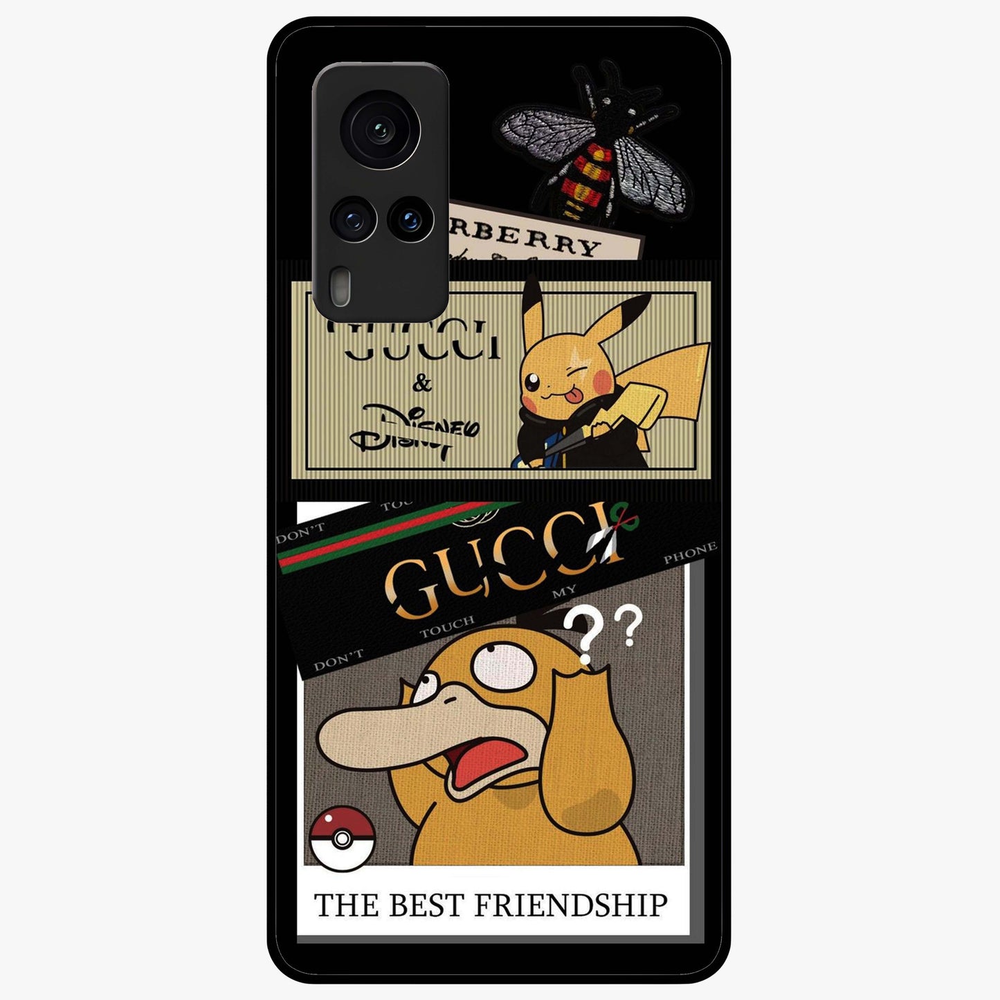 Gucci Play Mashup Glass Case showing flat back view with luxury inspired graphic artwork and glossy glass finish.