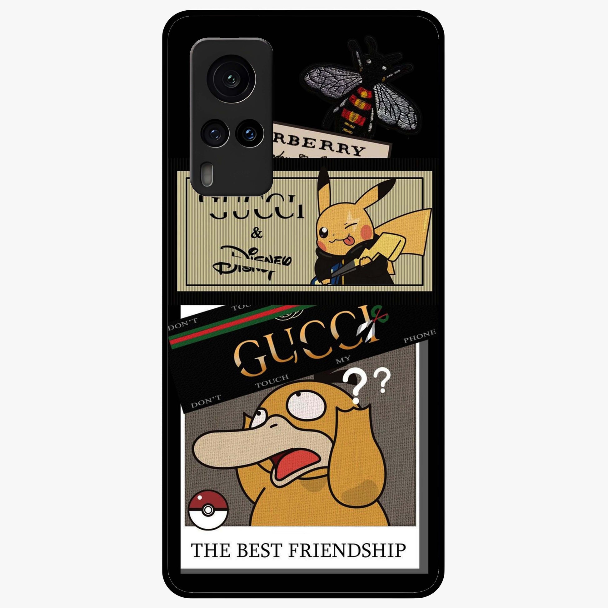Gucci Play Mashup Glass Case showing flat back view with luxury inspired graphic artwork and glossy glass finish.