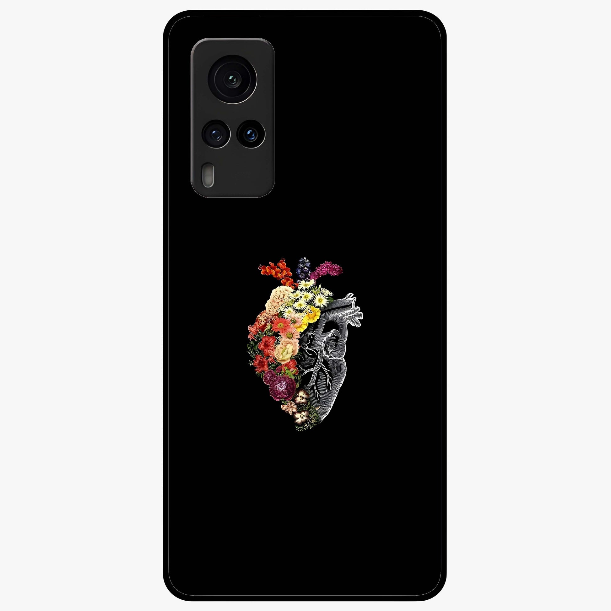 Heart With Flowers Glass Case showing flat back view with heart shaped floral artwork and glossy glass finish.