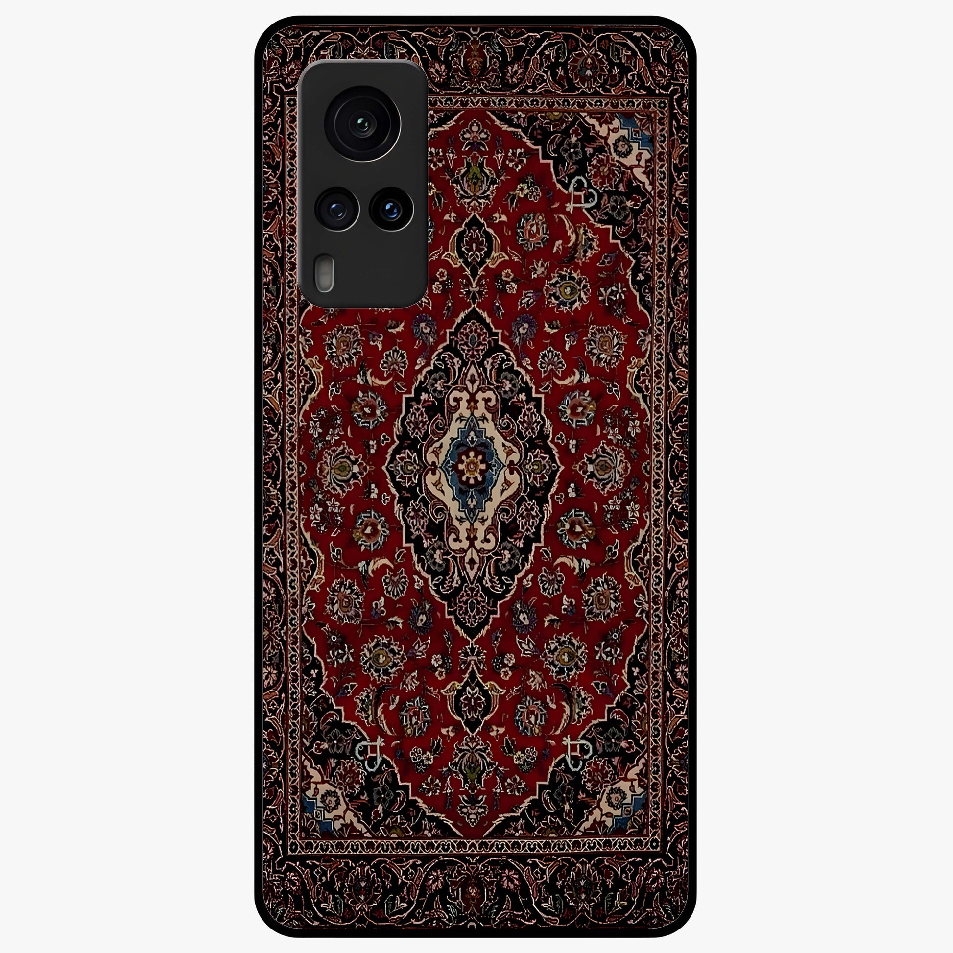 Heritage Carpet Royale Glass Case showing flat back view with ornate Persian carpet inspired pattern and glossy glass finish.