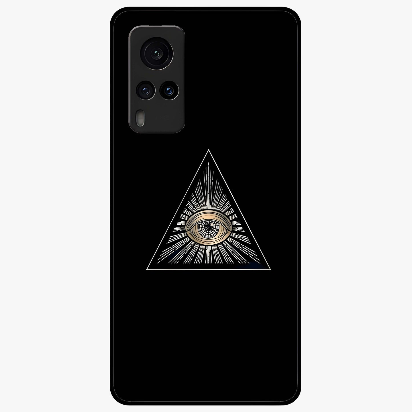 Illuminati Evil Glass Case showing flat back view with mysterious illuminati symbol artwork and glossy glass finish.