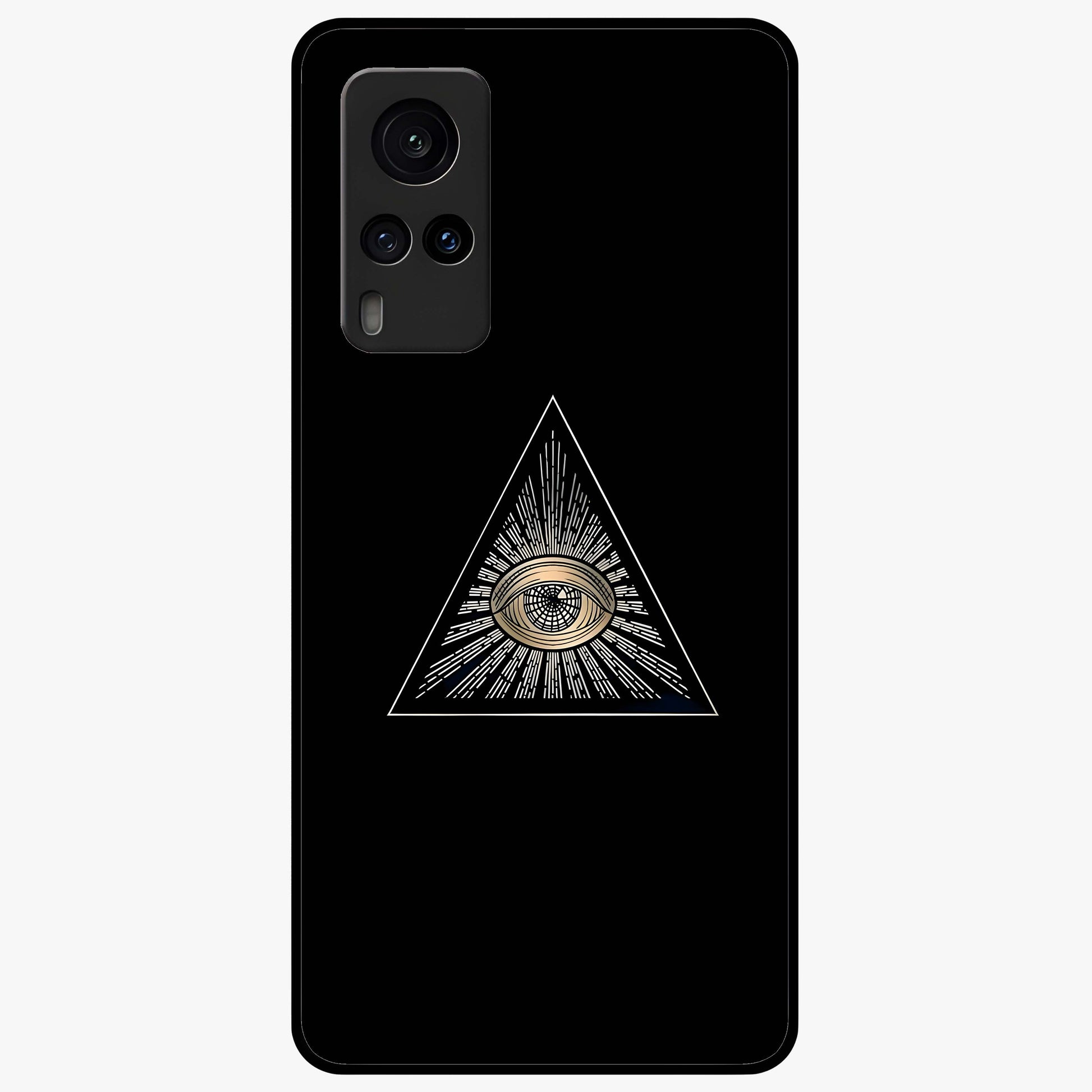Illuminati Evil Glass Case showing flat back view with mysterious illuminati symbol artwork and glossy glass finish.