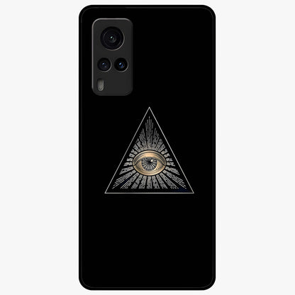 Illuminati Evil Glass Case showing flat back view with mysterious illuminati symbol artwork and glossy glass finish.
