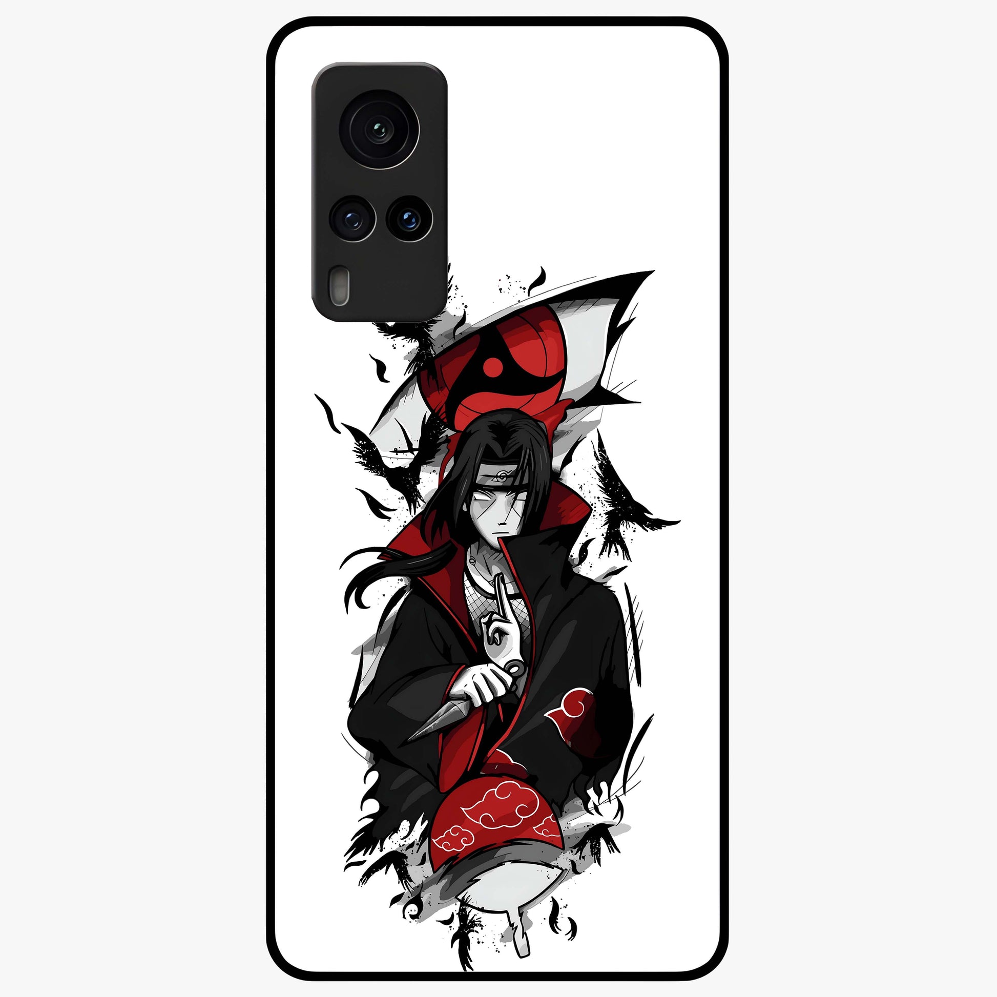 Itachi Sharingan Glass Case showing flat back view with powerful anime eye artwork and glossy glass finish.