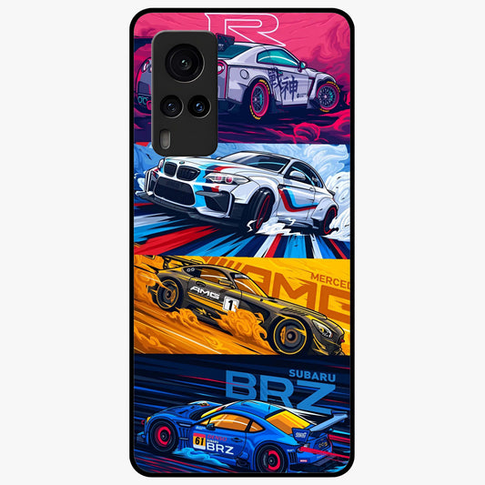JDM Sports Car Glass Case showing flat back view with high performance sports car artwork and glossy glass finish.