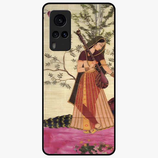 Lady With Veena Art Glass Case showing flat back view with elegant woman playing veena artwork and glossy glass finish.