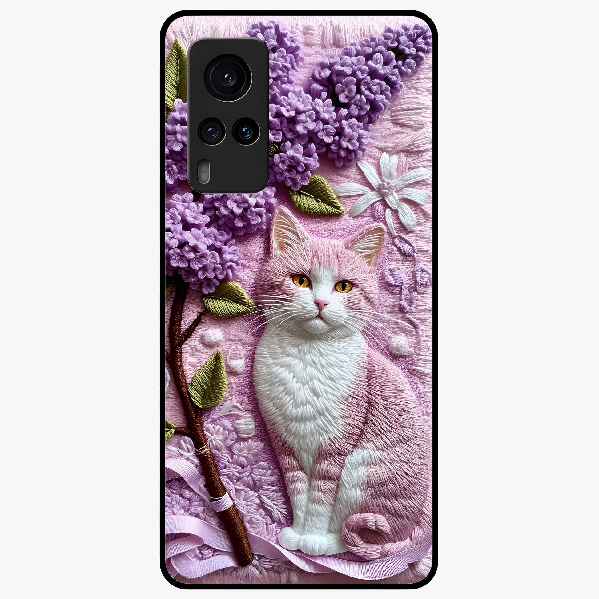 Lavender Cat Whimsy Glass Case showing flat back view with cute lavender cat artwork and glossy glass finish.