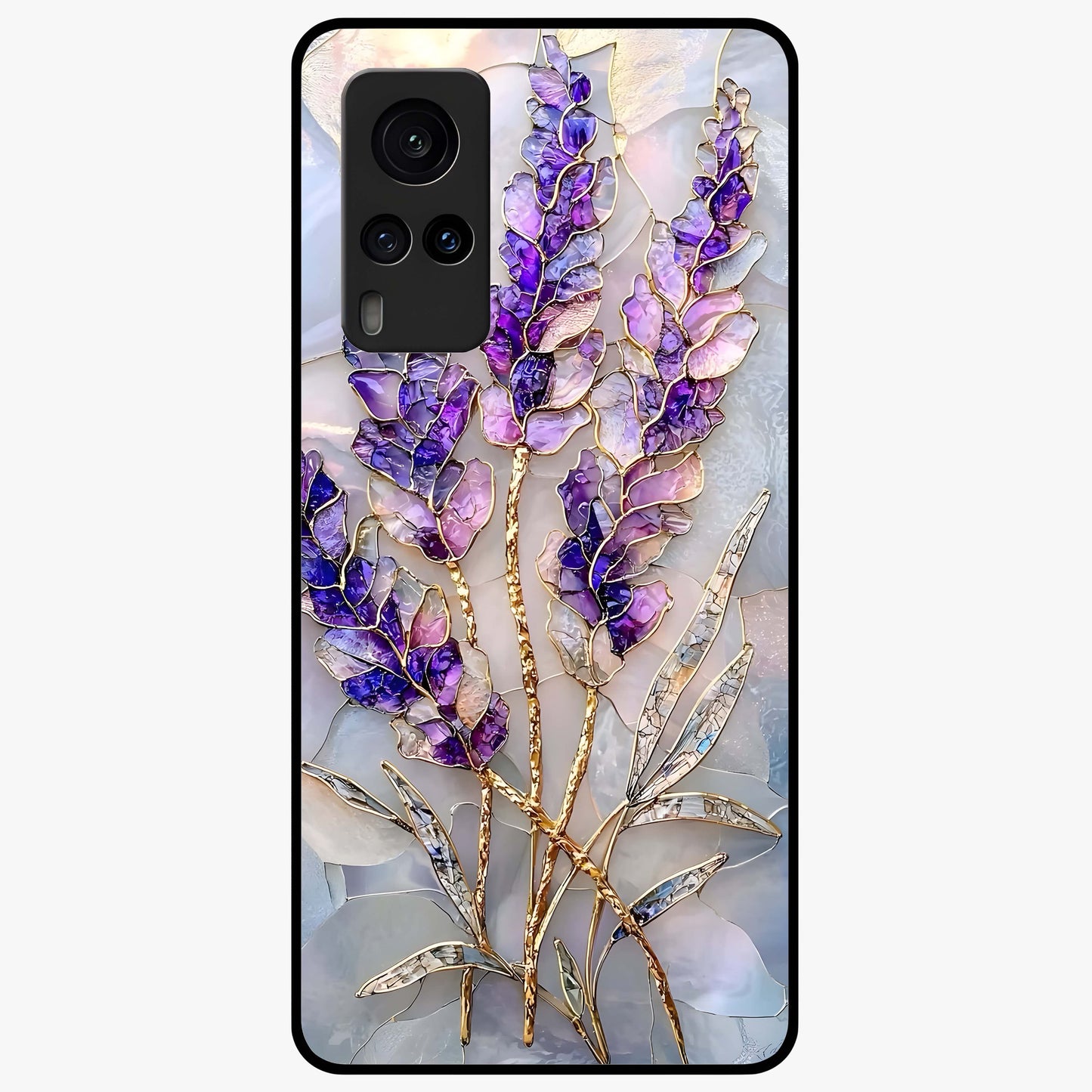 Lavender Dream Glow Glass Case showing flat back view with glowing lavender aesthetic artwork and glossy glass finish.
