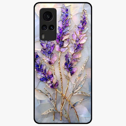 Lavender Dream Glow Glass Case showing flat back view with glowing lavender aesthetic artwork and glossy glass finish.
