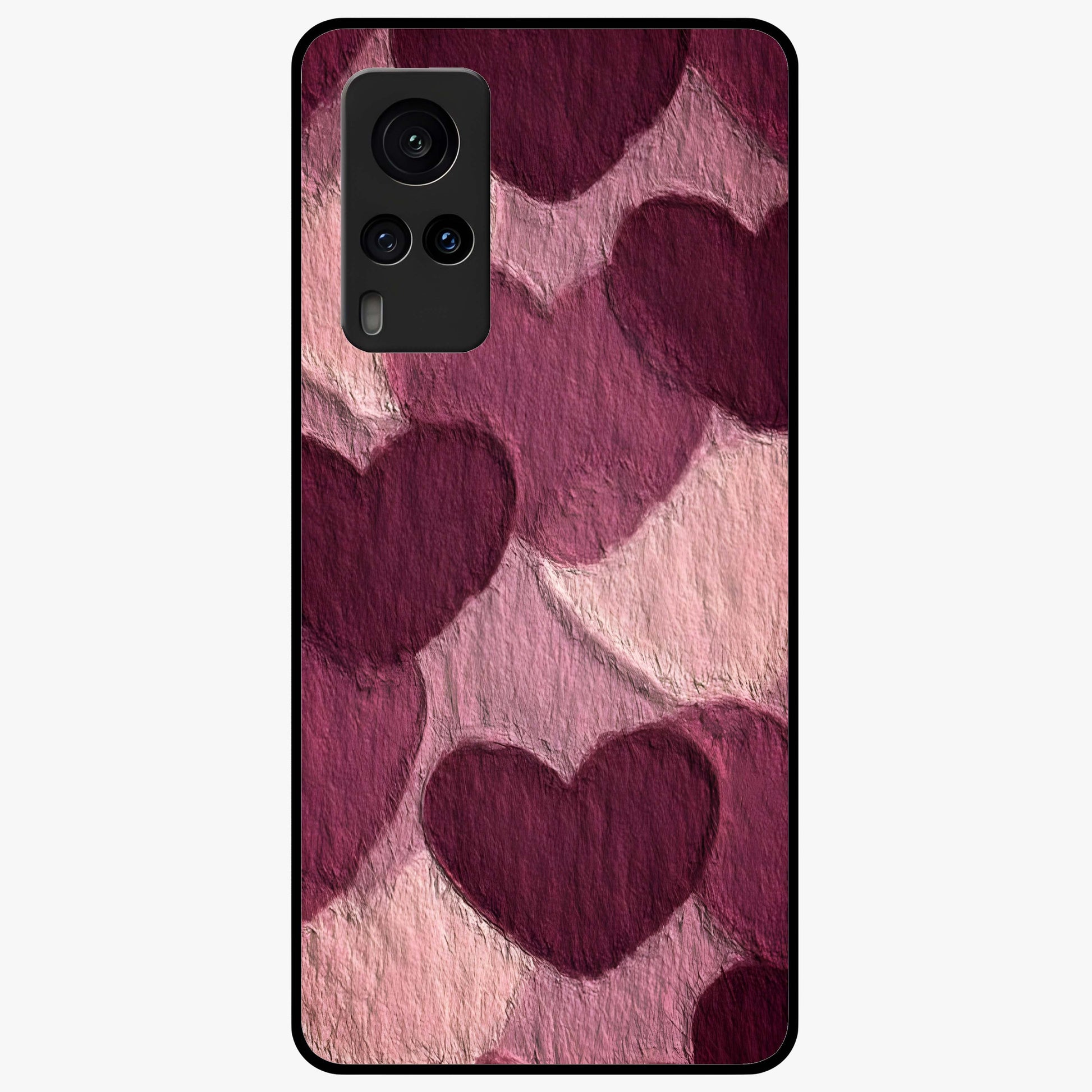 Layered Paper Hearts Glass Case showing flat back view with layered paper heart artwork and glossy glass finish.