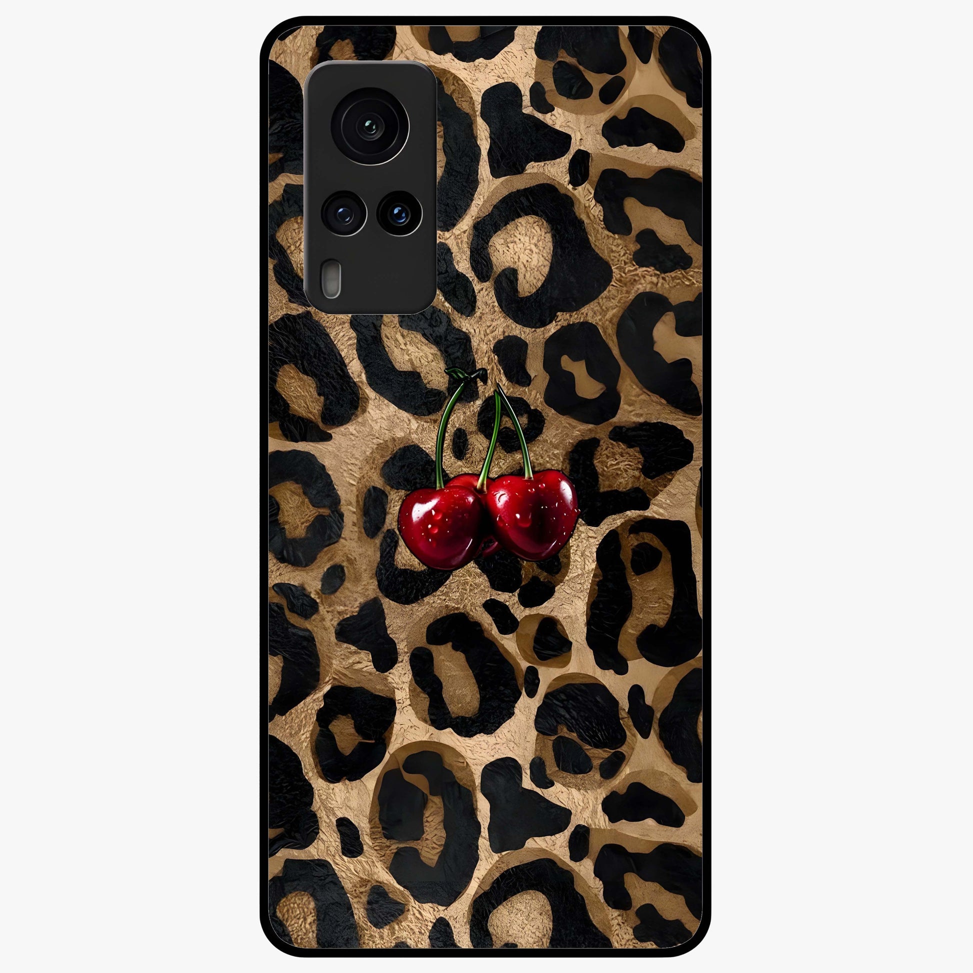 Leopard Wild Cherry Glass Case showing flat back view with leopard pattern and cherry artwork and glossy glass finish.
