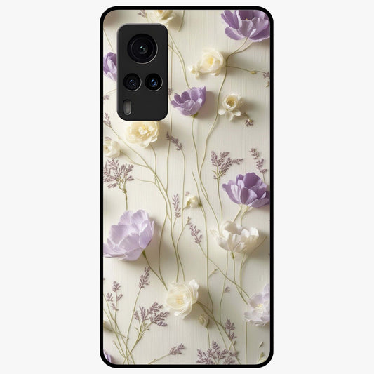 Lilac Breeze Harmony Glass Case showing flat back view with soft lilac themed artwork and glossy glass finish.