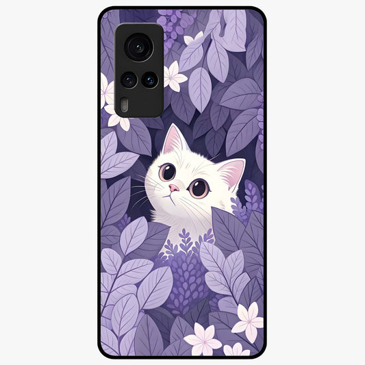 Lilac Hide Peek Cat Glass Case showing flat back view with cute peeking cat artwork and glossy glass finish.