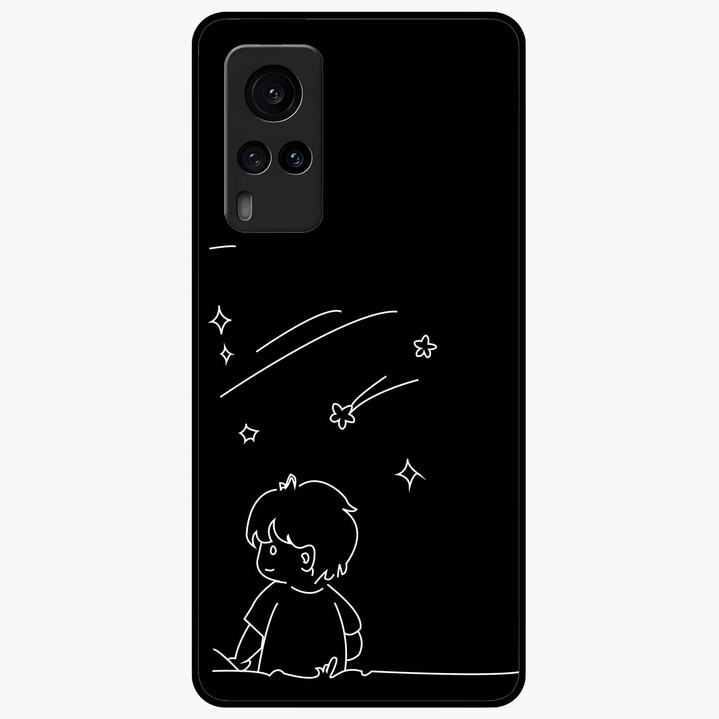 Line Art Boy With Shooting Stars Glass Case showing flat back view with minimal line art boy and shooting stars illustration and glossy glass finish.