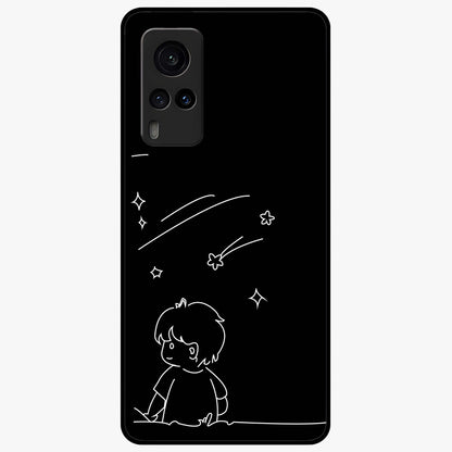Line Art Boy With Shooting Stars Glass Case showing flat back view with minimal line art boy and shooting stars illustration and glossy glass finish.
