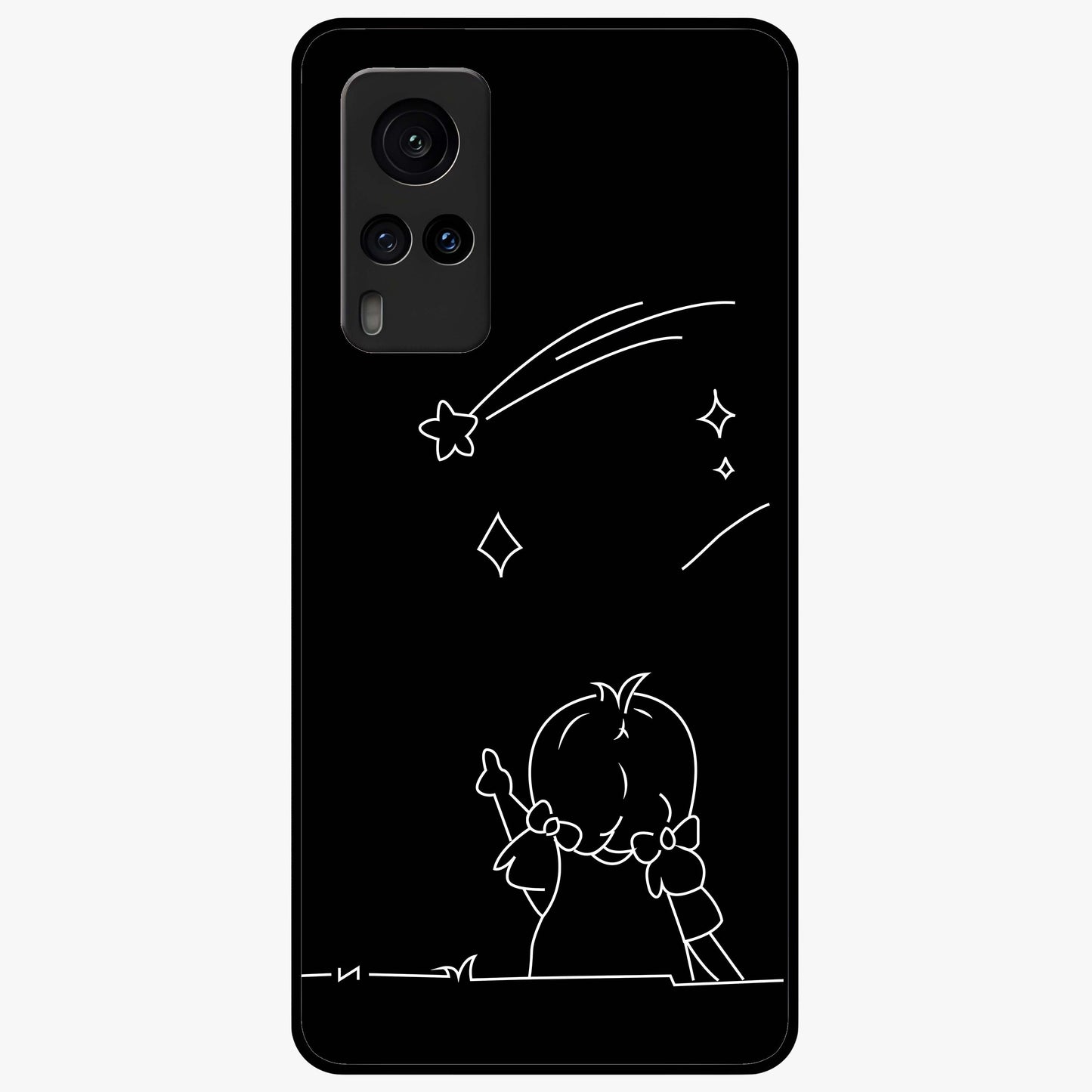 Line Art Girl With Shooting Stars Glass Case showing flat back view with minimal line art girl and shooting stars illustration and glossy glass finish.