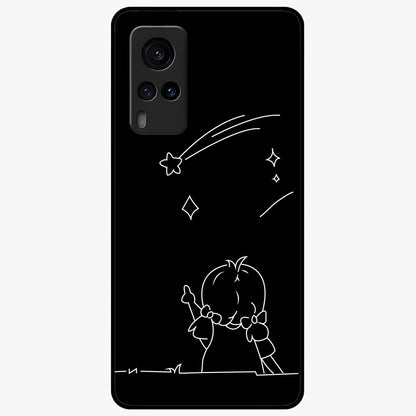 Line Art Girl With Shooting Stars Glass Case showing flat back view with minimal line art girl and shooting stars illustration and glossy glass finish.