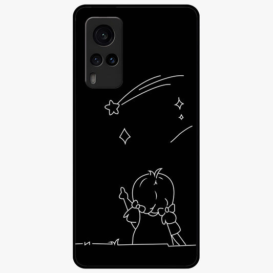 Line Art Girl With Shooting Stars Glass Case showing flat back view with minimal line art girl and shooting stars illustration and glossy glass finish.