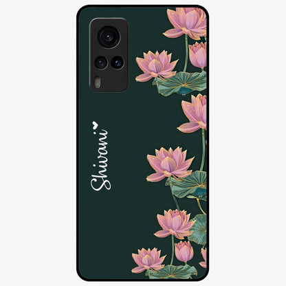 Lotus Bloom Serenity Custom Name Glass Case showing flat back view with elegant lotus flower artwork and personalized name design.