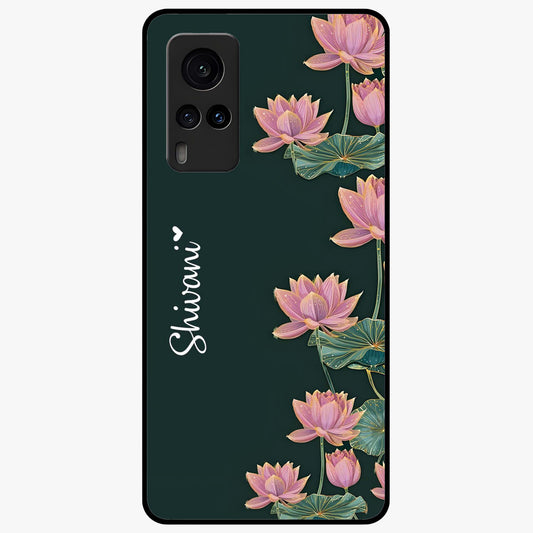 Lotus Bloom Serenity Custom Name Glass Case showing flat back view with elegant lotus flower artwork and personalized name design.