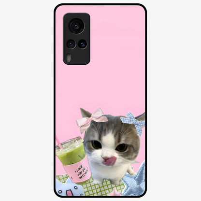 Love Matcha Cat Glass Case showing flat back view with cute cat and matcha themed artwork and glossy glass finish.