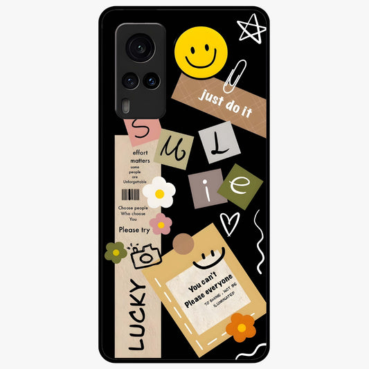 Lucky Aesthetic Collage Glass Case showing flat back view with trendy aesthetic collage artwork and glossy glass finish.