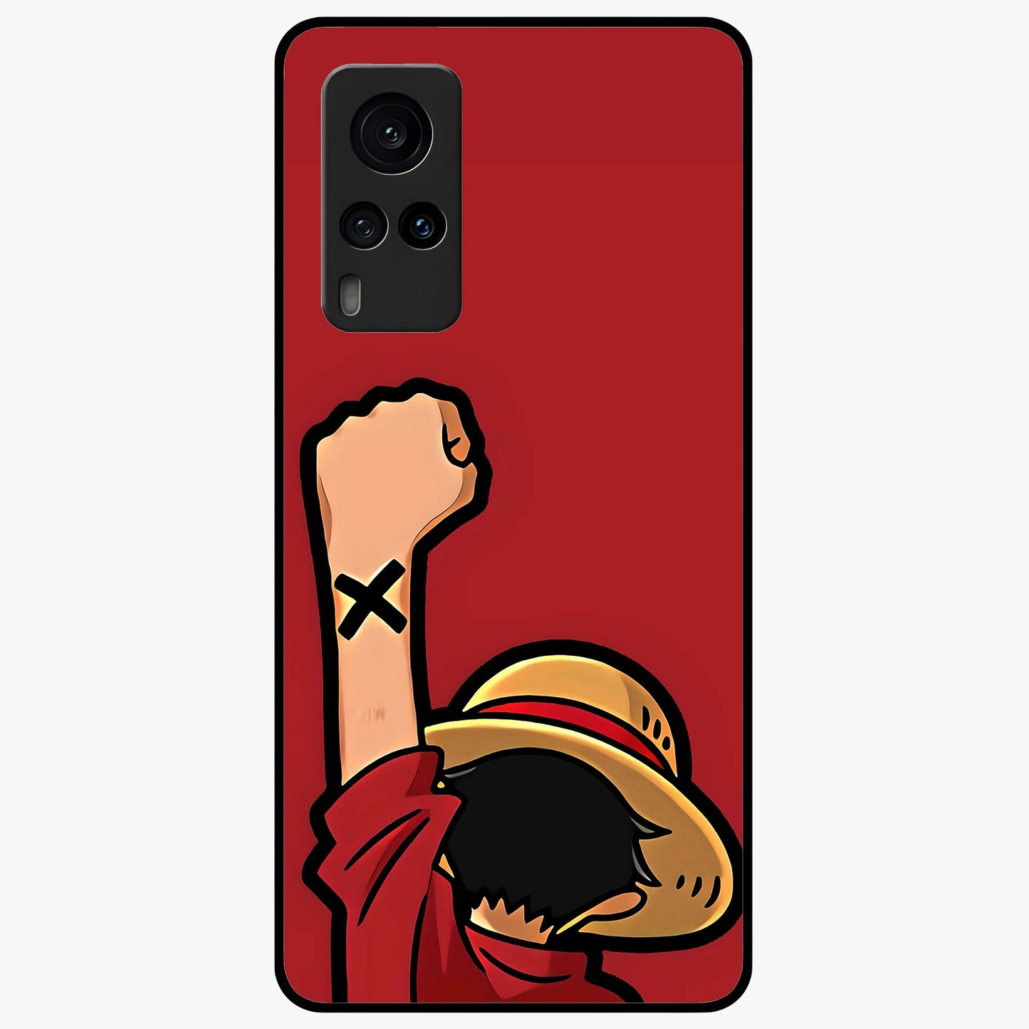 Luffy X Spirit Glass Case showing flat back view with bold anime character artwork and glossy glass finish.
