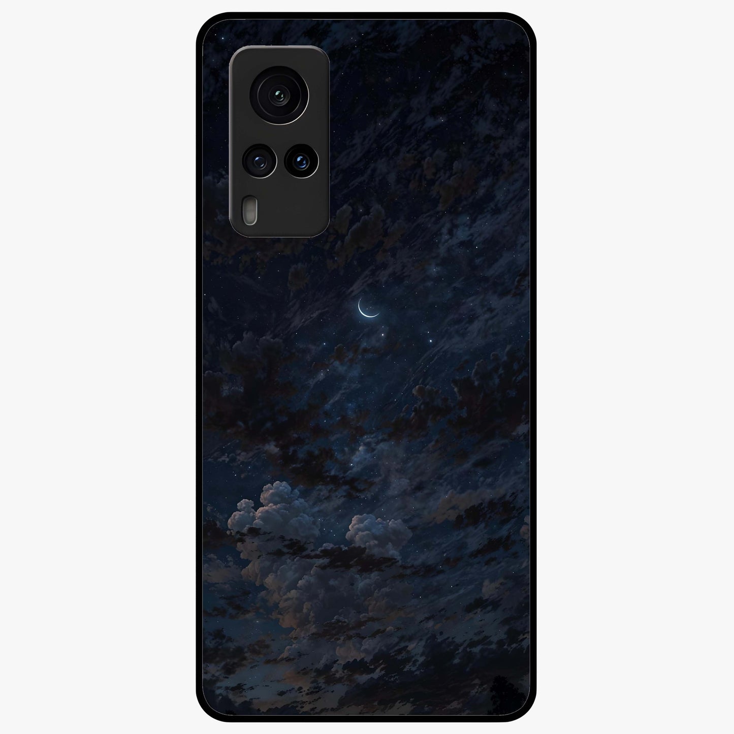 Lunar Veil Silence Glass Case showing flat back view with mystical moon veil artwork and glossy glass finish.