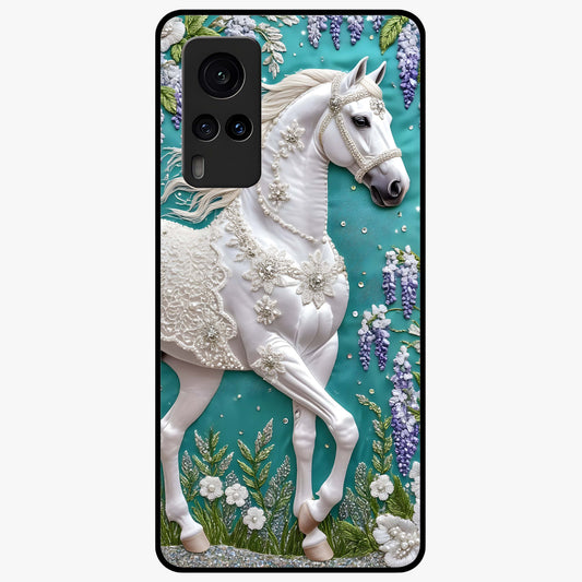 Majestic Floral Stallion Glass Case showing flat back view with powerful horse and floral artwork and glossy glass finish.