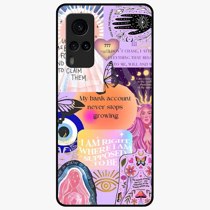 Manifestation Collage Glass Case showing flat back view with motivational collage artwork and glossy glass finish.