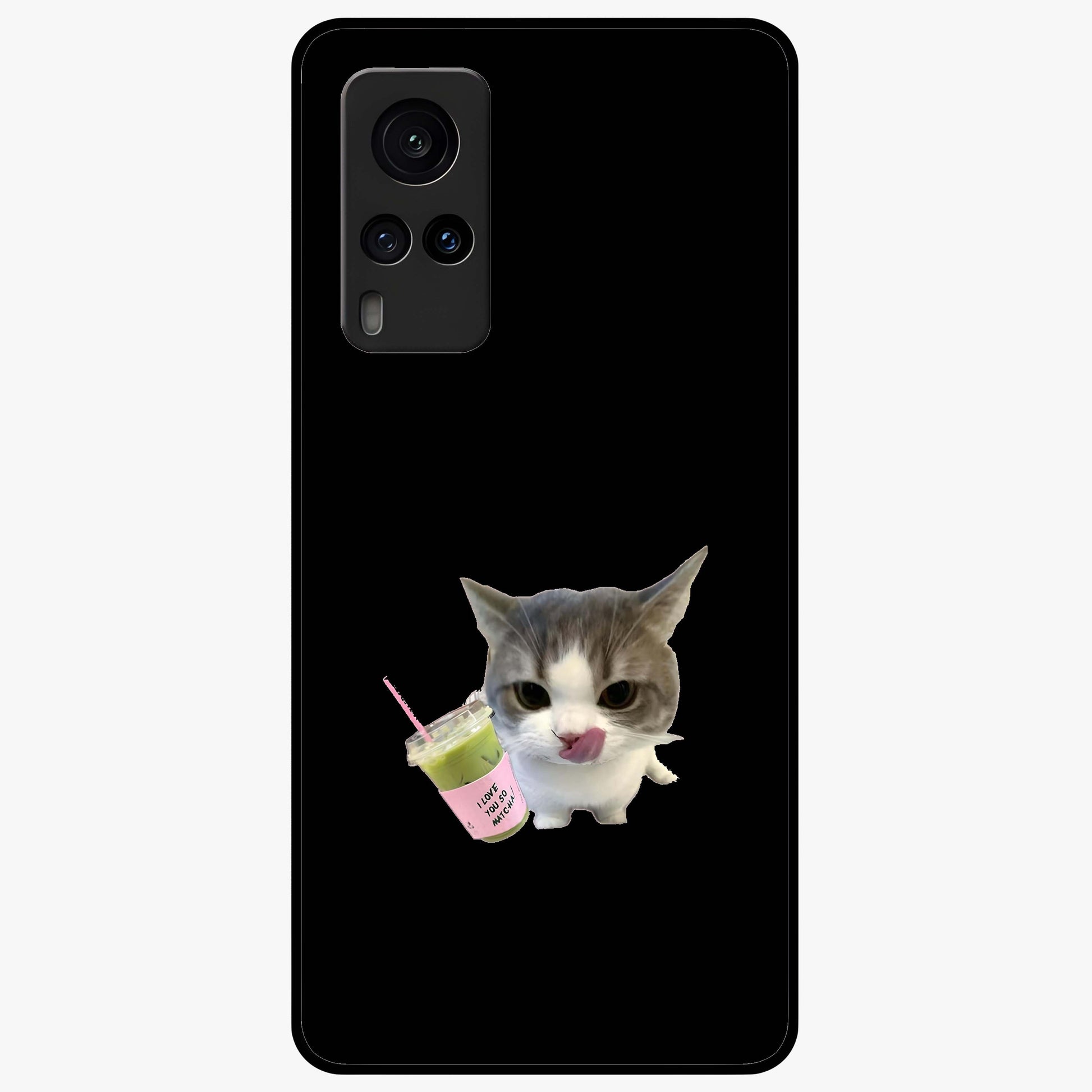 Matcha Cat Style Glass Case showing flat back view with cute matcha themed cat artwork and glossy glass finish.
