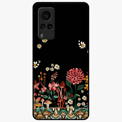 Midnight Bloom Pattern Glass Case showing flat back view with dark floral pattern artwork and glossy glass finish.