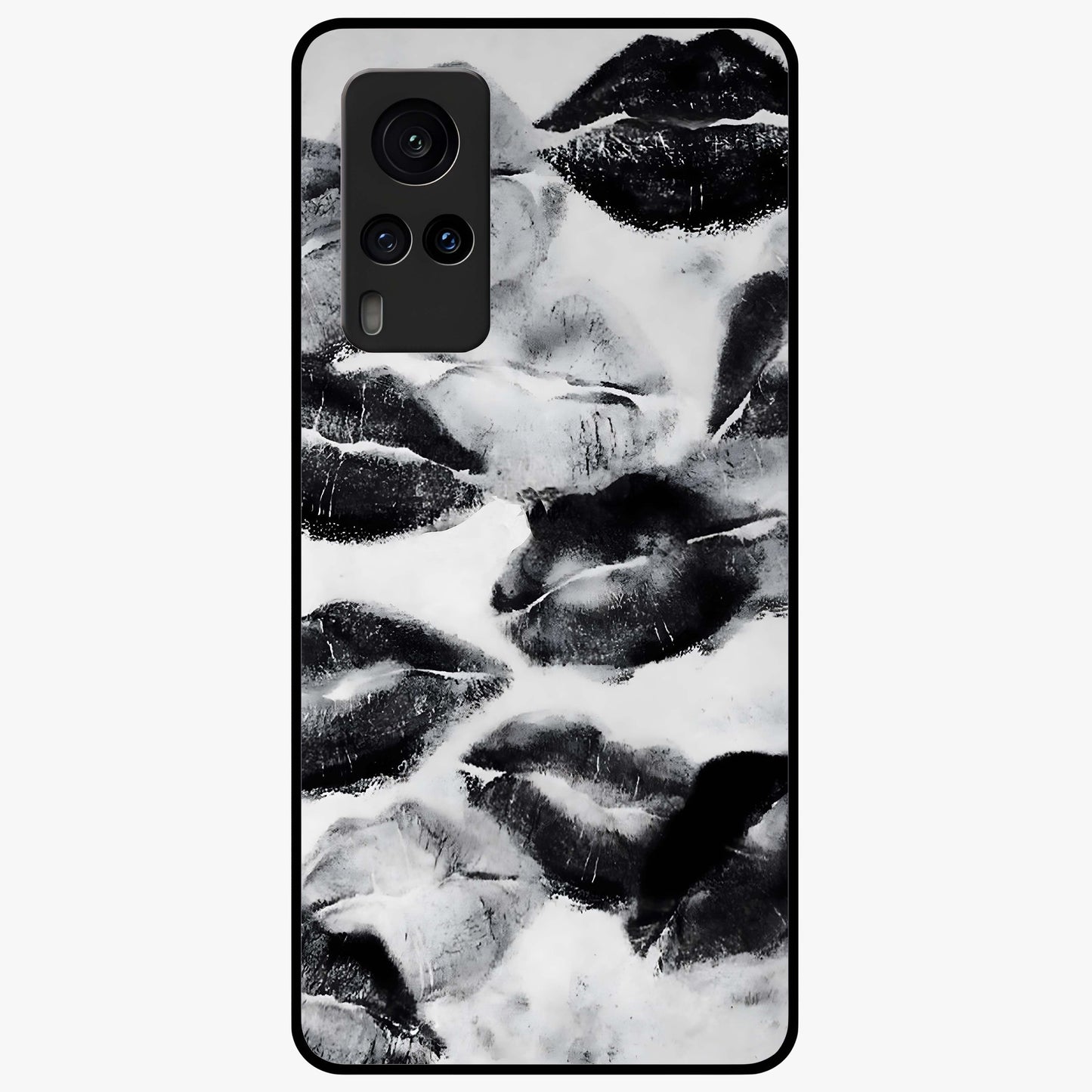 Midnight Kiss Marks Glass Case showing flat back view with lipstick kiss mark artwork and glossy glass finish.