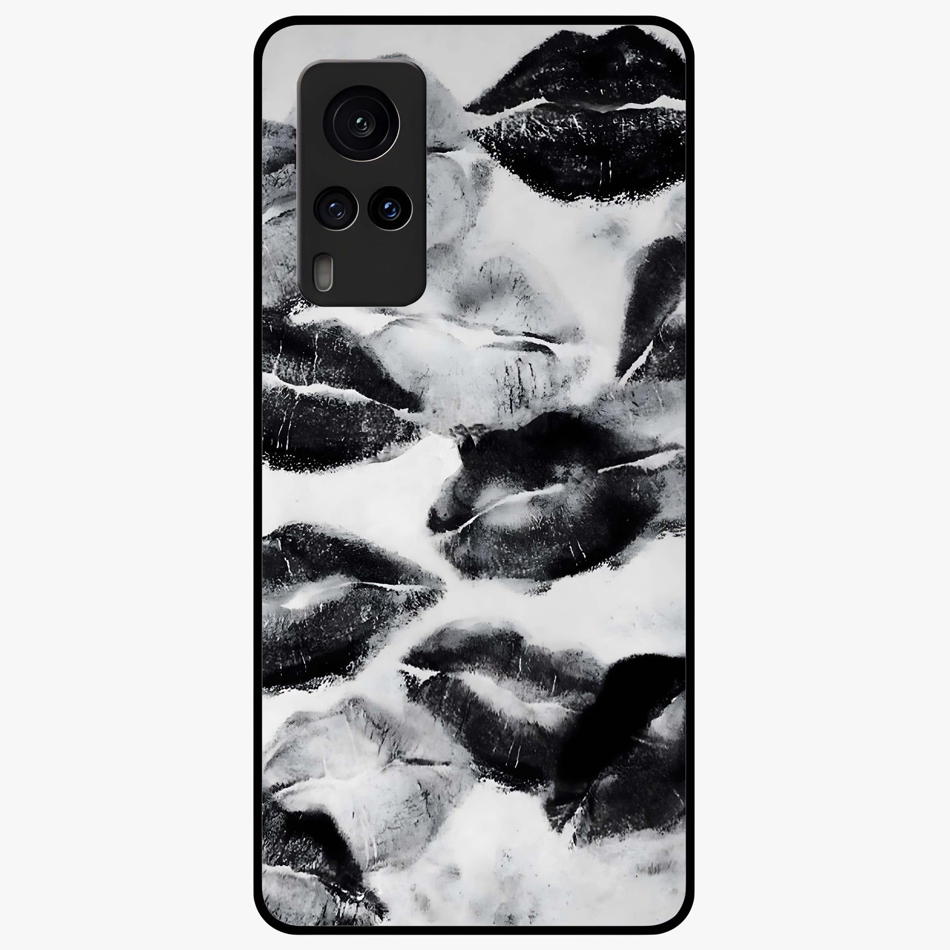 Midnight Kiss Marks Glass Case showing flat back view with lipstick kiss mark artwork and glossy glass finish.