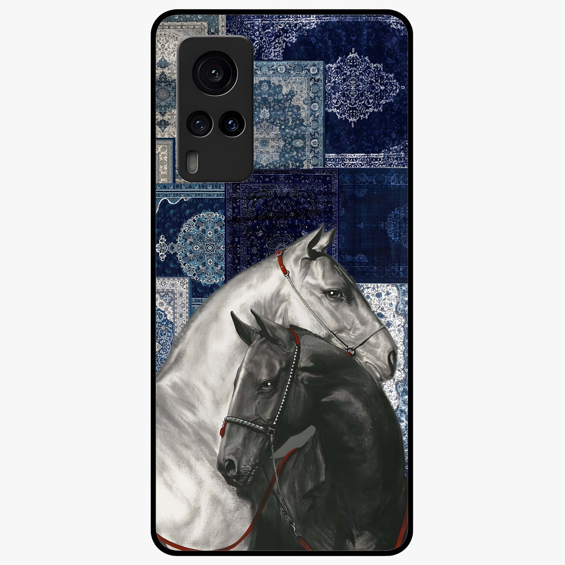 Midnight Stallion Blues Glass Case showing flat back view with majestic horse artwork and glossy glass finish.