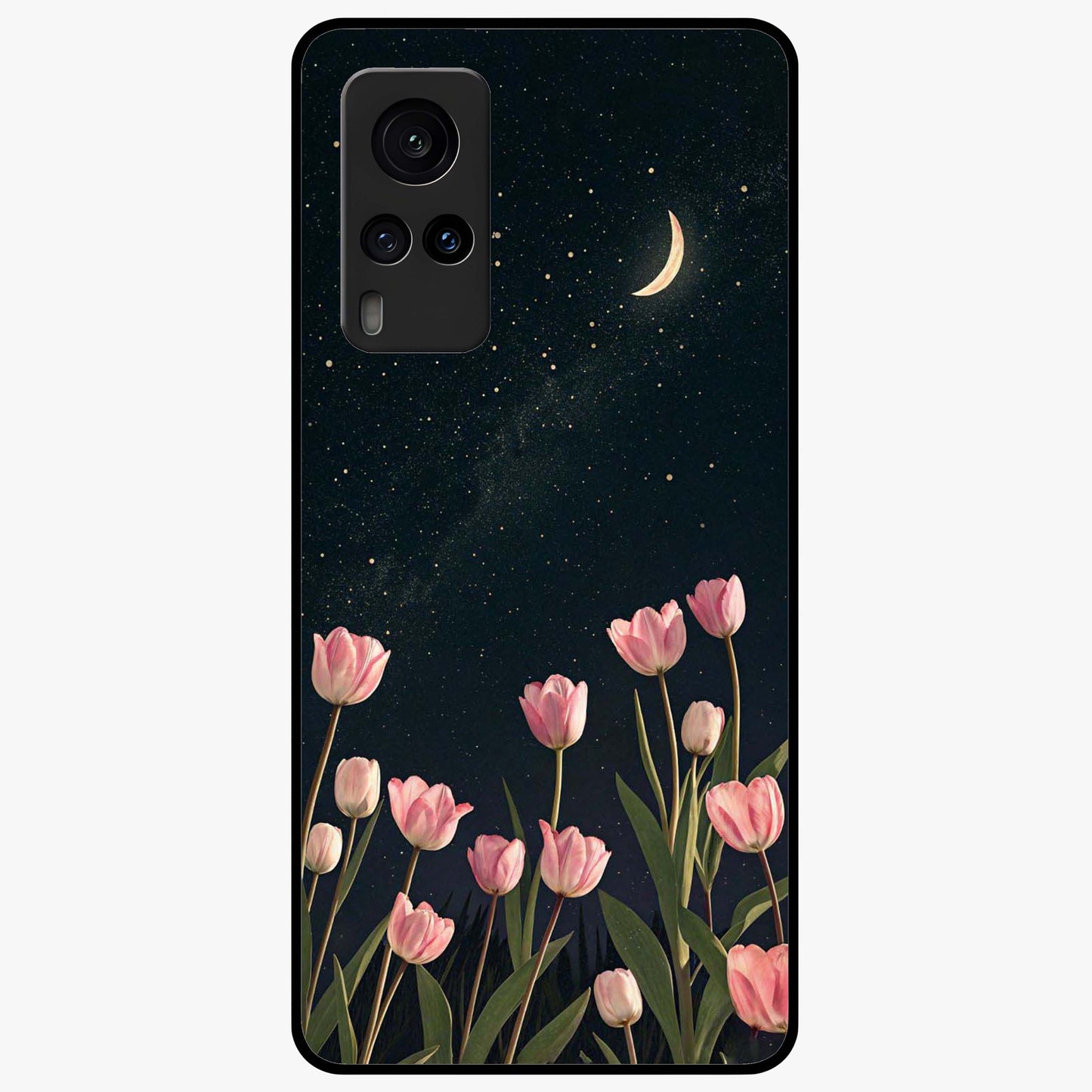 Midnight Tulip Whispers Vibe Glass Case showing flat back view with elegant tulip flower artwork and glossy glass finish.