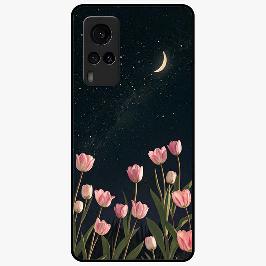 Midnight Tulip Whispers Vibe Glass Case showing flat back view with elegant tulip flower artwork and glossy glass finish.