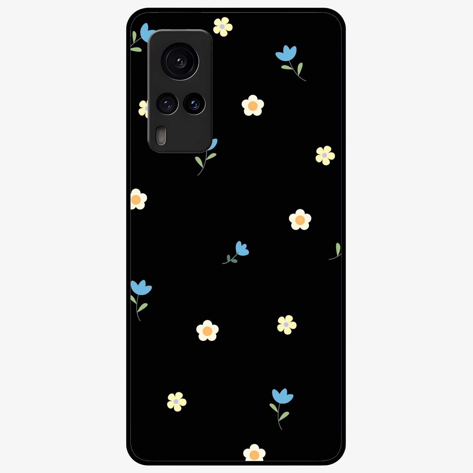 Minimalistic Blue With White Flower Pattern Glass Case showing flat back view with blue background and white flower pattern and glossy glass finish.