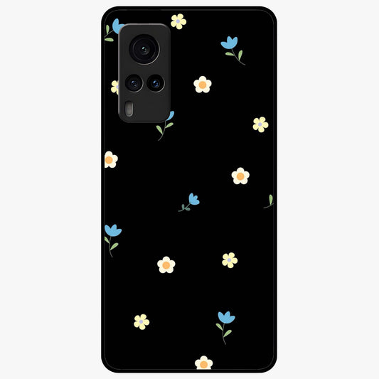 Minimalistic Blue With White Flower Pattern Glass Case showing flat back view with blue background and white flower pattern and glossy glass finish.