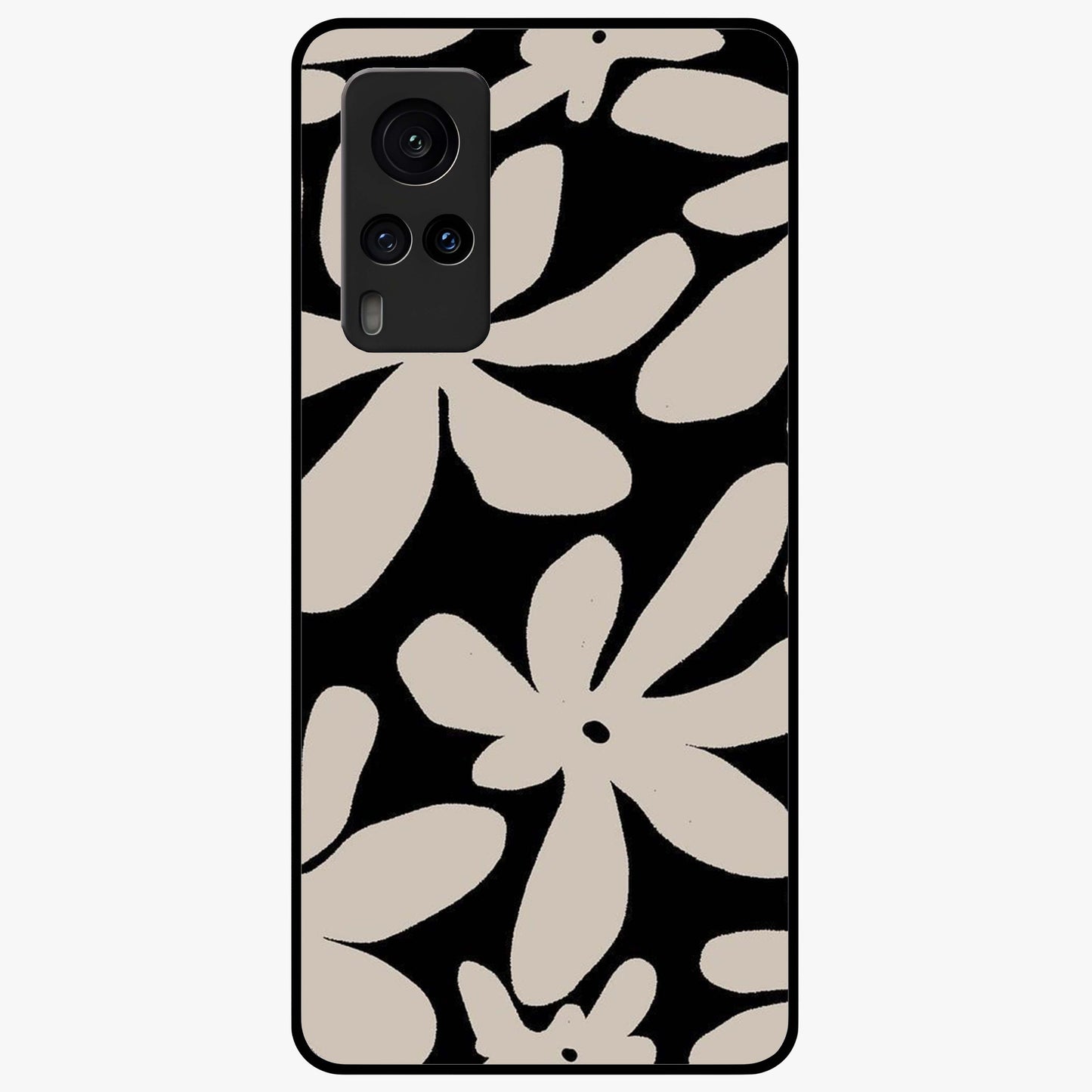 Monochrome Petal Dance Glass Case showing flat back view with monochrome floral artwork and glossy glass finish.
